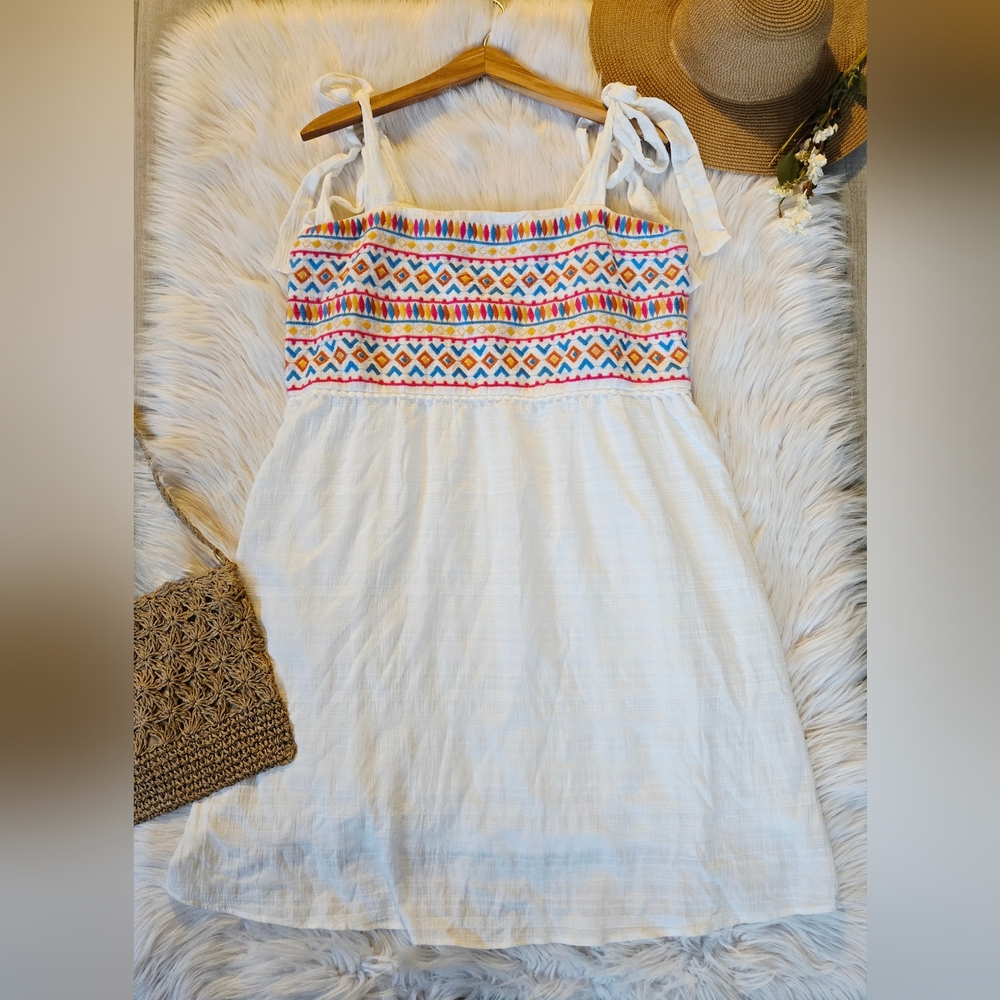 White Tie-Shoulder Sundress with Colorful Embroidered Bodice